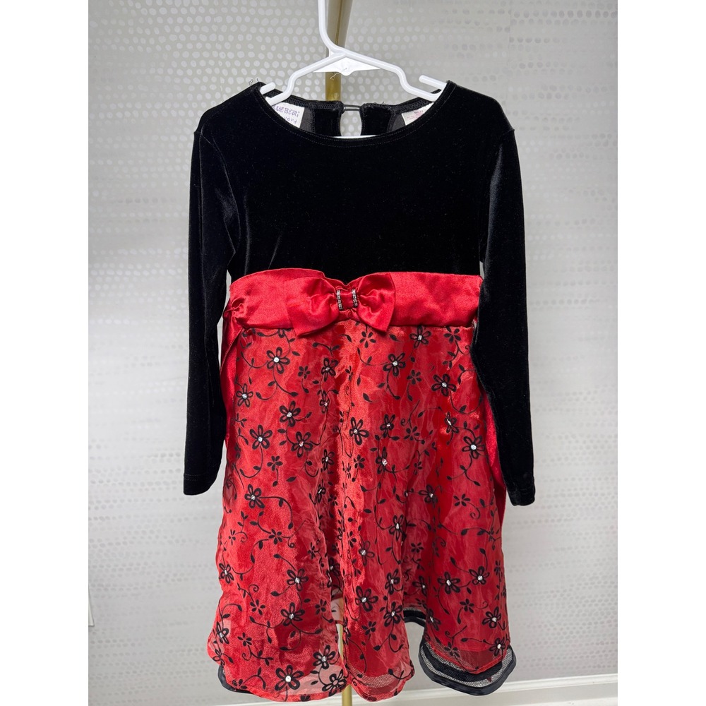 Blueberi Boulevard Girls 5 Red Black Velvet Floral Holiday Party Dress Sequin